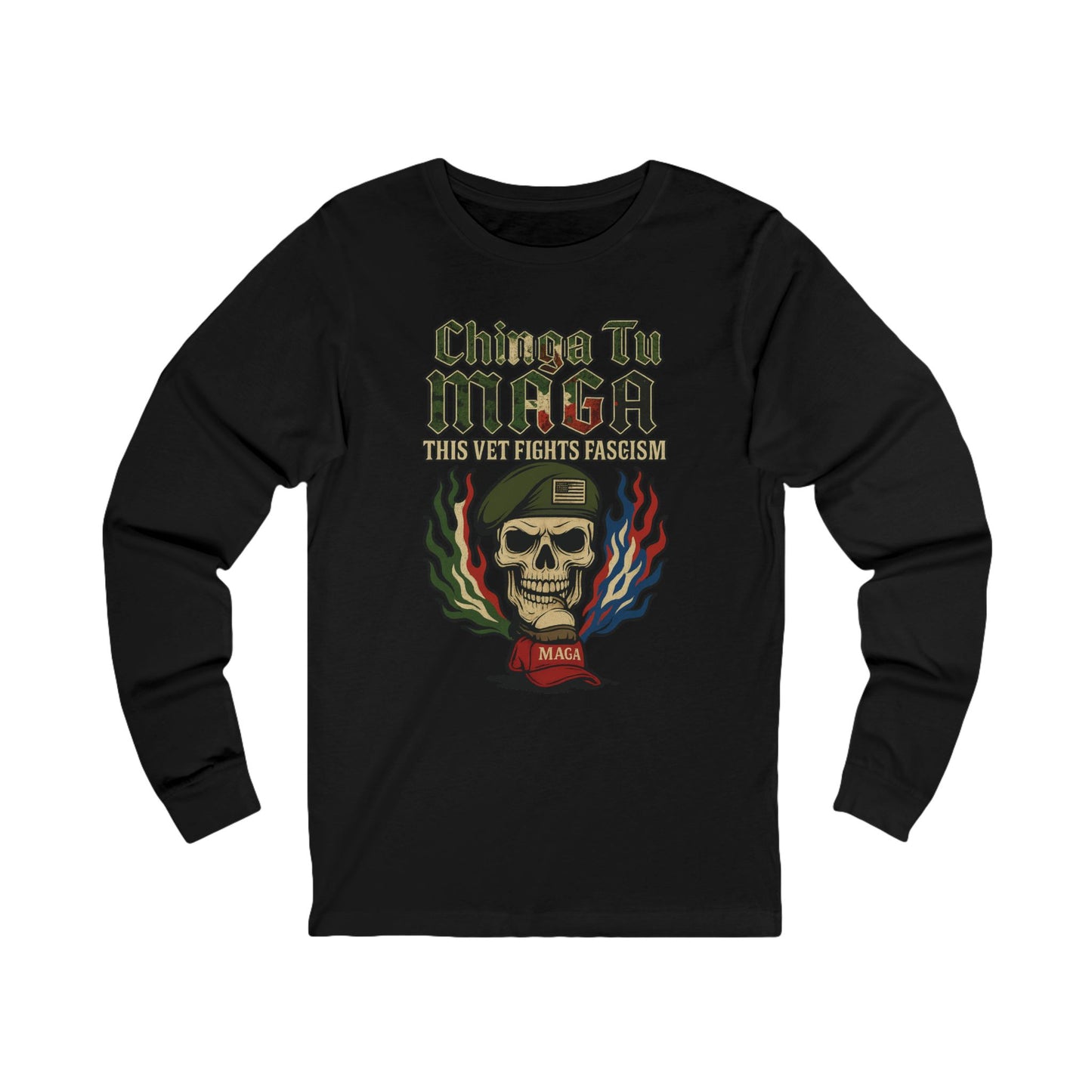 Chinga Tu Maga Skull & Flames Graphic Military Vet Tee Long Sleeve Tee