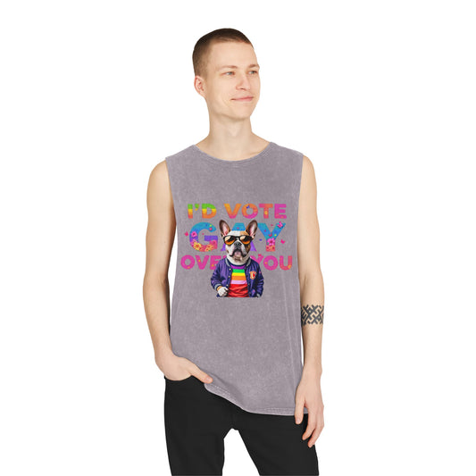 Unisex Stonewash Tank Top - 'I'd Vote Gay Over You' Dog Design