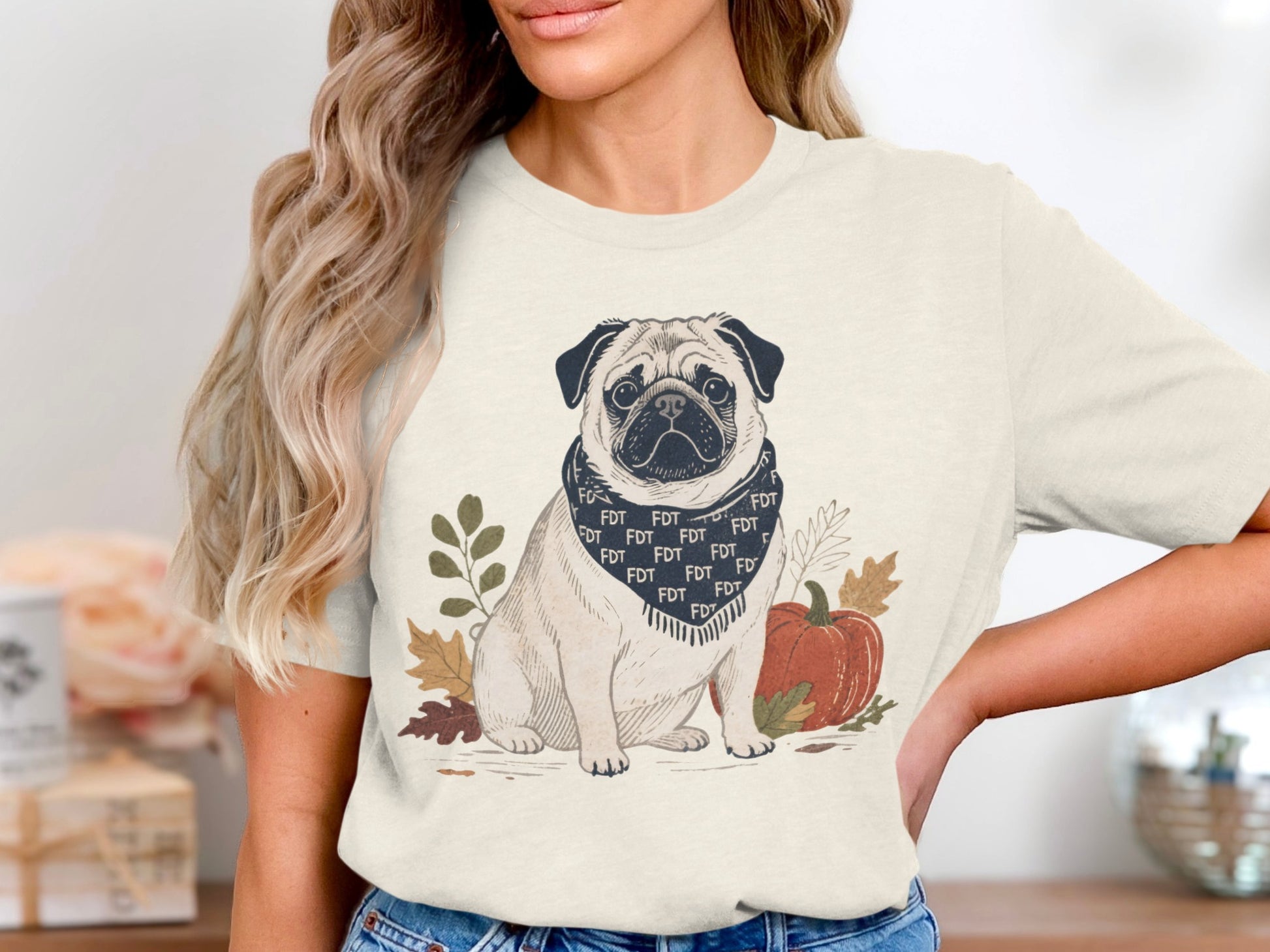 Adorable Fall Pug Graphic Tee with Botanical Design