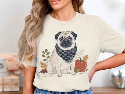 Adorable Fall Pug Graphic Tee with Botanical Design