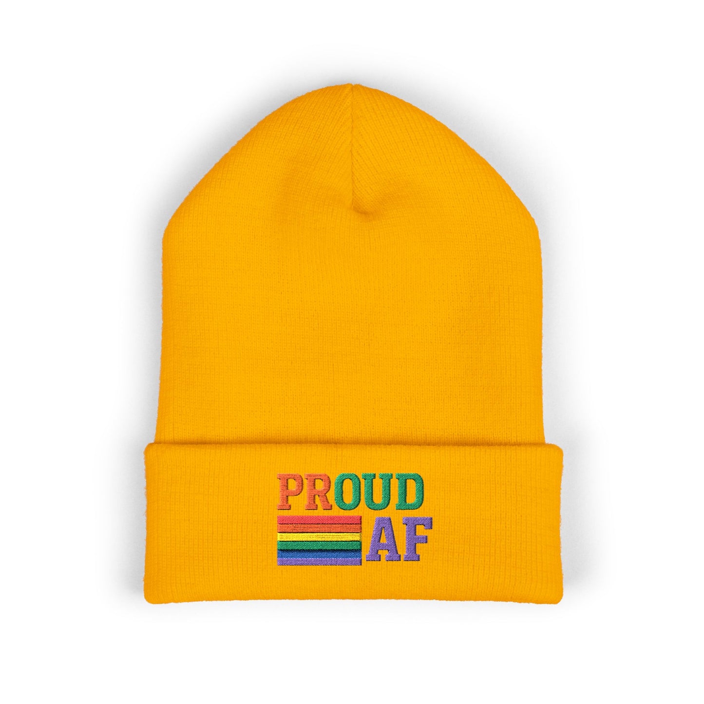 Proud AF Embroidered Beanie — Rainbow Pride Cuffed Hat