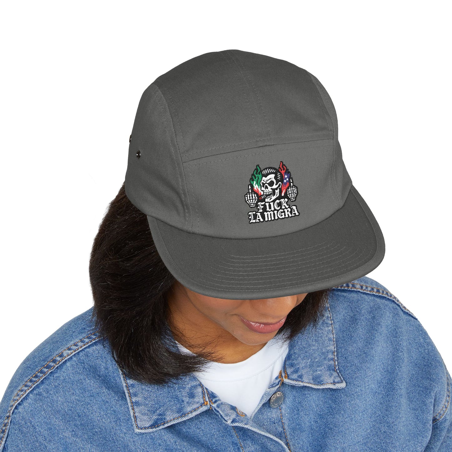 Fuck La Migra Hat Embroidered 5-Panel Cap — Skull with Mexican Flag Accent (Explicit Text)
