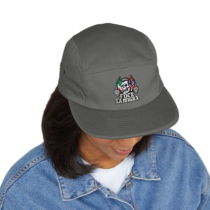 Fuck La Migra Hat Embroidered 5-Panel Cap — Skull with Mexican Flag Accent (Explicit Text)