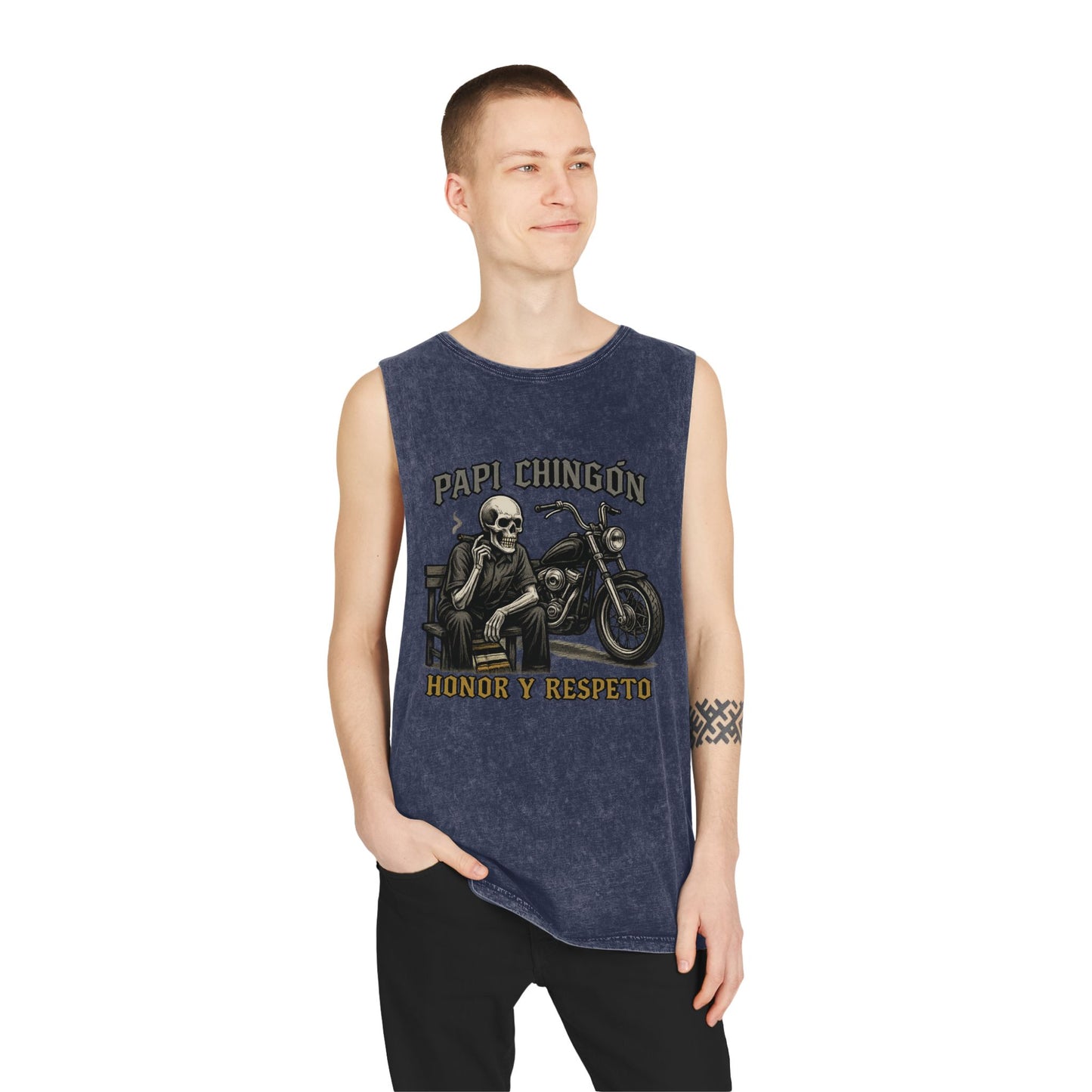 Unisex Stonewash Tank Top - Papi Chingón Skull Design, Casual Summer Wear, Motorcycle Lover Gift, Festival Outfit, Street Style