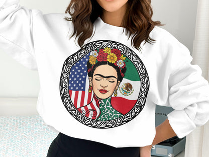 Frida Kahlo Sweater with USA Mexico Design