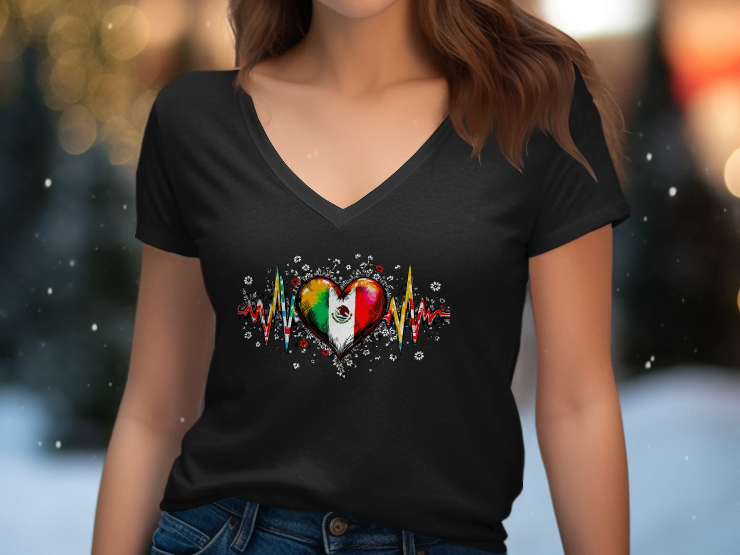 Colorful Heart Beat Graphic V Neck Black T Shirt product type