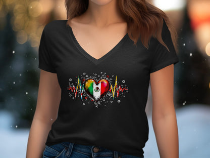 Colorful Heart Beat Graphic V Neck Black T Shirt product type