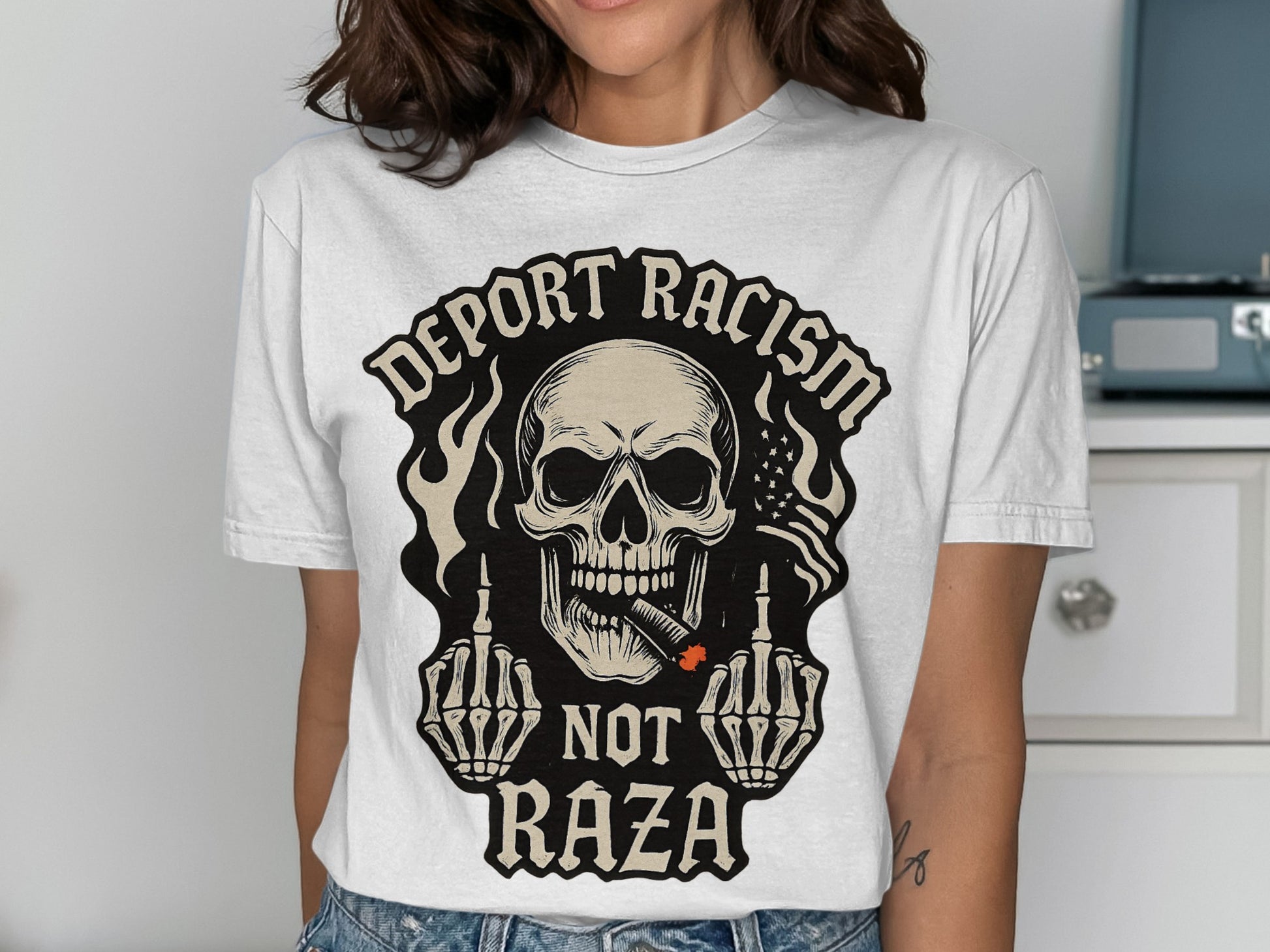 Deport Racism Not Raza Skull Graphic T-Shirt product type