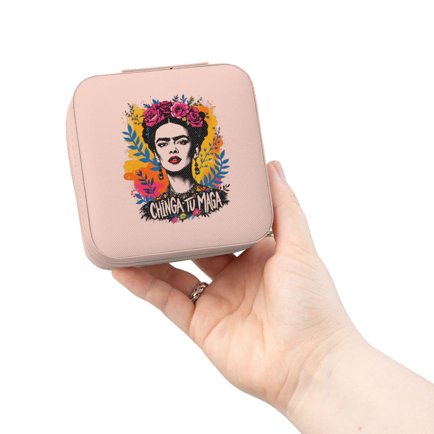 Frida Kahlo Floral Jewelry Travel Case – Compact Pink Organizer with Ring Rolls & Compartments