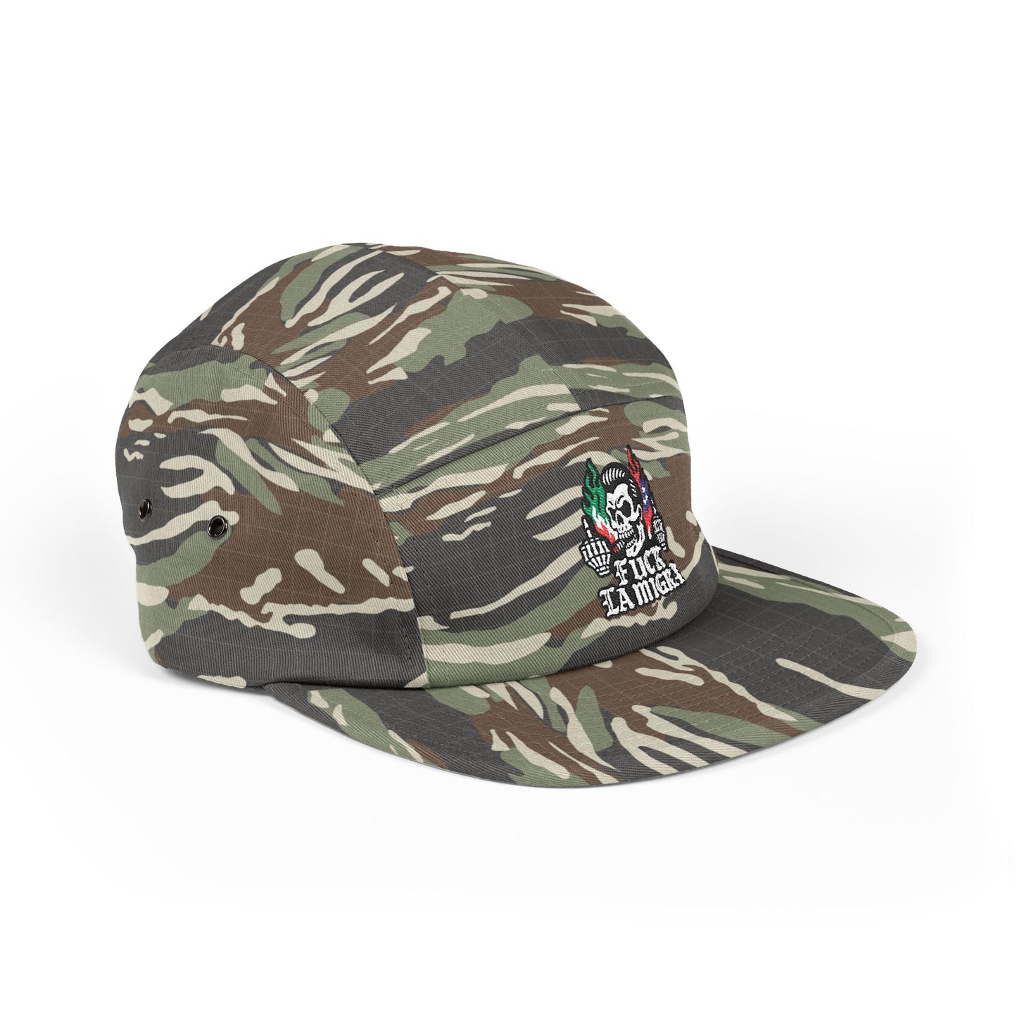 Fuck La Migra Hat Embroidered 5-Panel Cap — Skull with Mexican Flag Accent (Explicit Text)