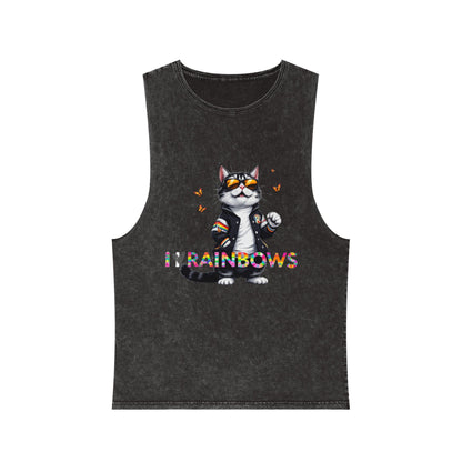 Unisex Stonewash Tank Top - Cute Cat with 'I Love Rainbows' Design