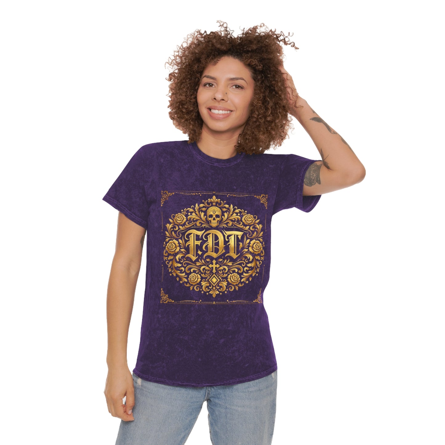Anti Trump FDT Mineral Wash Tee USA Made  — Vintage Gold Fleur-de-Lis Crest "FDT" Graphic