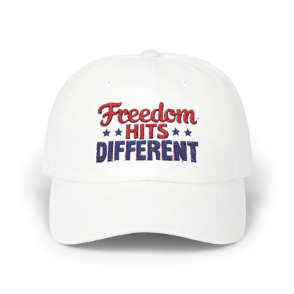 Freedom Hits Different Dad Cap - Classic White Adjustable Hat for Patriotic Fashion