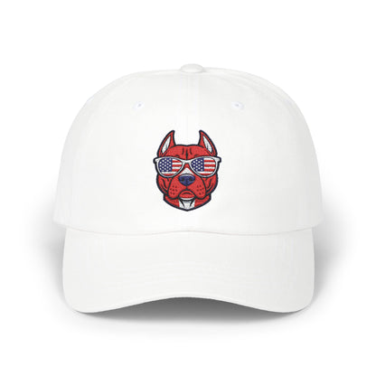 Patriotic Dog Dad Cap - Classic White Hat with American Flag Sunglasses Design