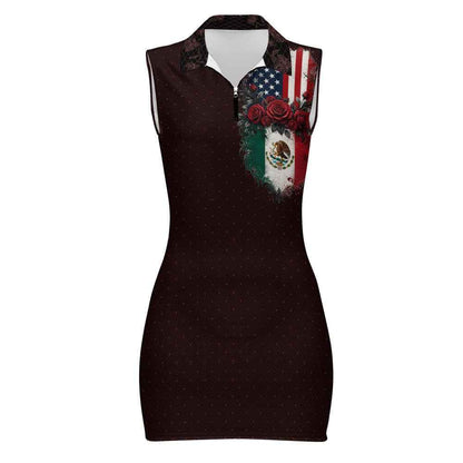 Mexican American Flag Dress, Sleeveless Bodycon Zip Dress for Women, USA Mexico Roses