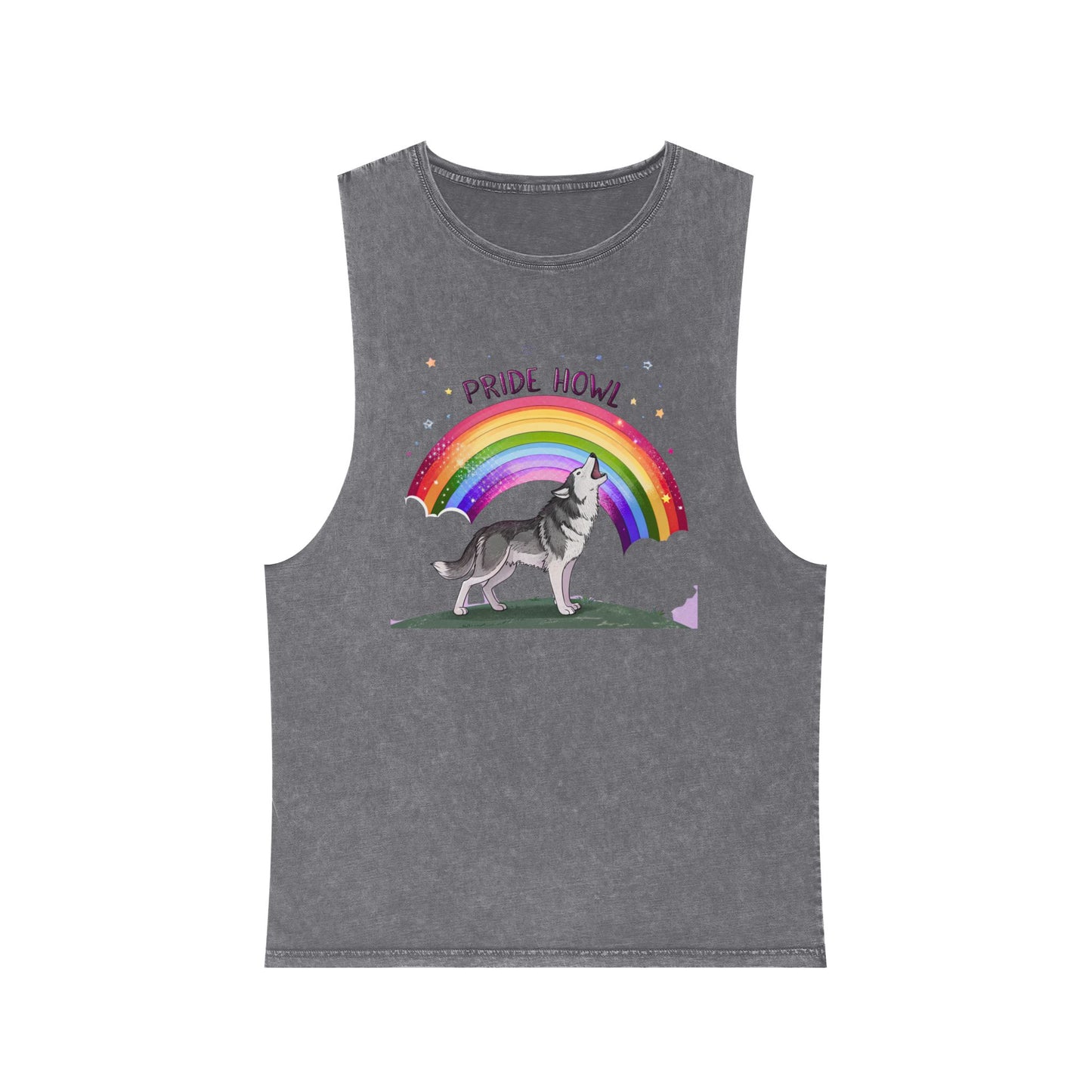 Pride Howl Unisex Stonewash Tank Top - Rainbow Husky Design