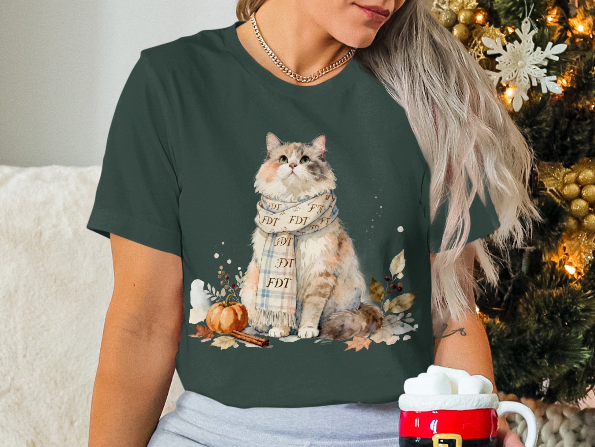 Cute Cat Graphic Print on Dark Green T-shirt