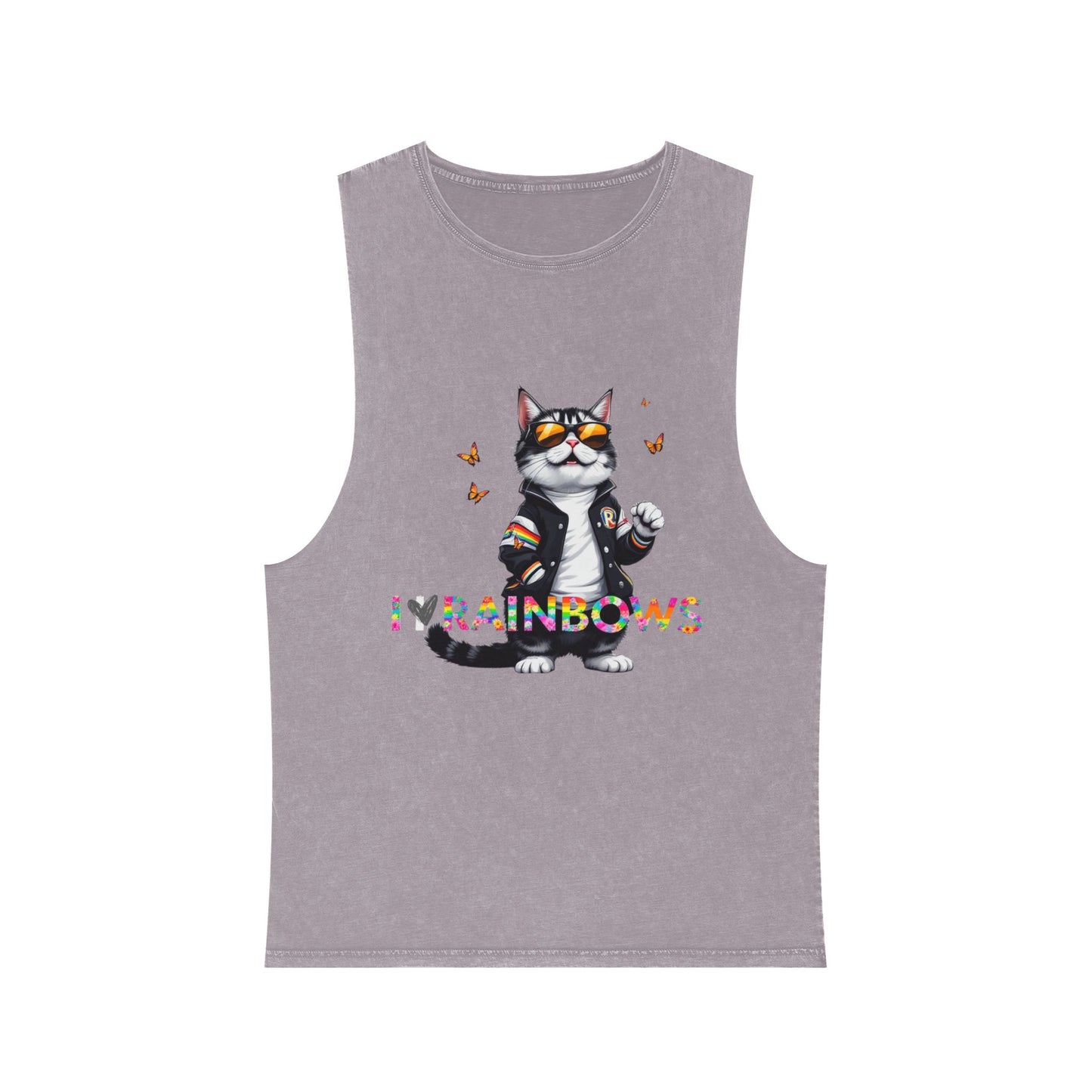 Unisex Stonewash Tank Top - Cute Cat with 'I Love Rainbows' Design