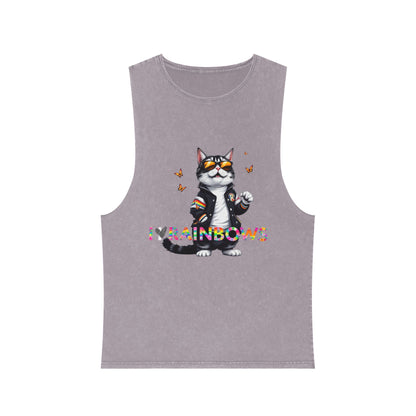 Unisex Stonewash Tank Top - Cute Cat with 'I Love Rainbows' Design