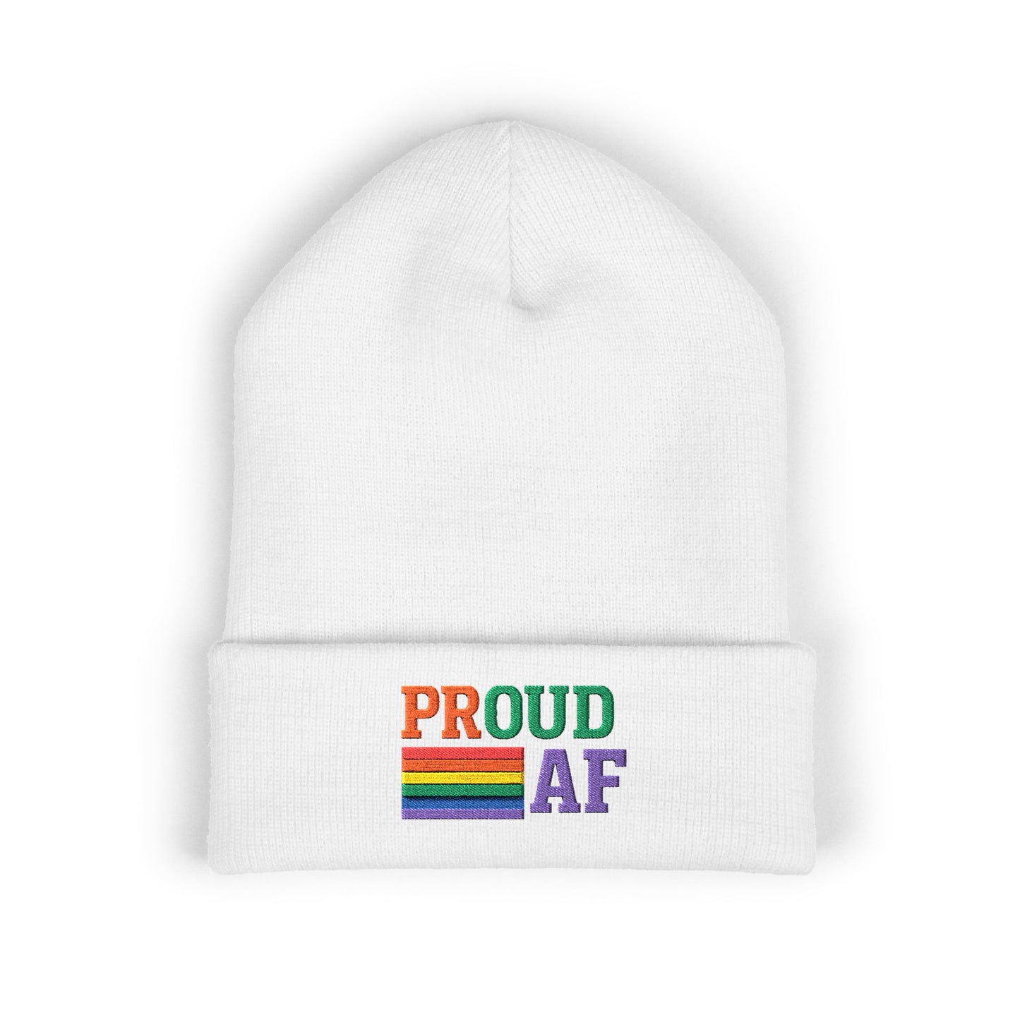 Proud AF Embroidered Beanie — Rainbow Pride Cuffed Hat