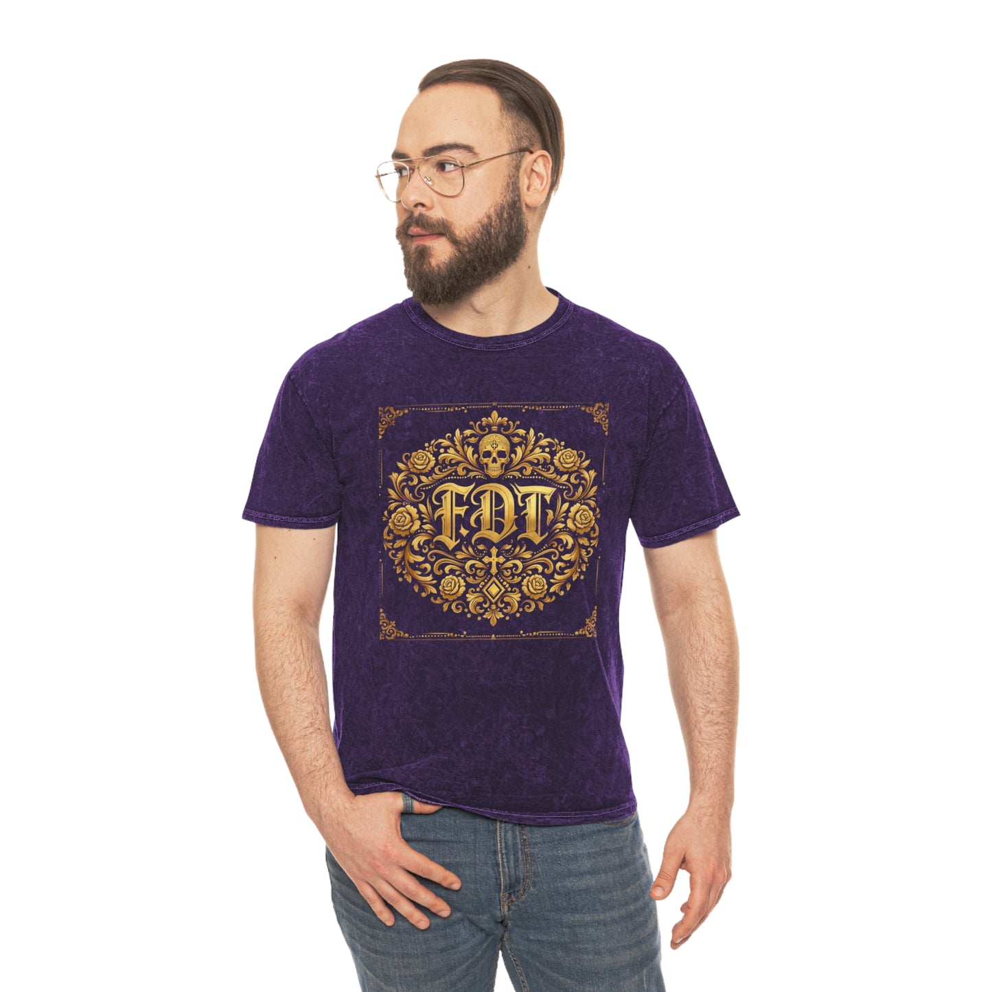 Anti Trump FDT Mineral Wash Tee USA Made  — Vintage Gold Fleur-de-Lis Crest "FDT" Graphic
