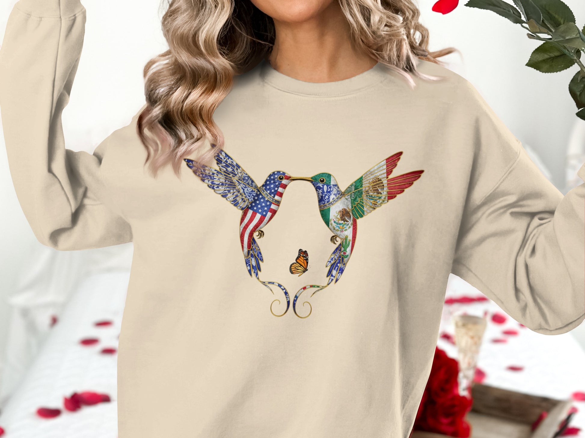 Hummingbird and Butterfly Graphic Long Sleeve Shirt
