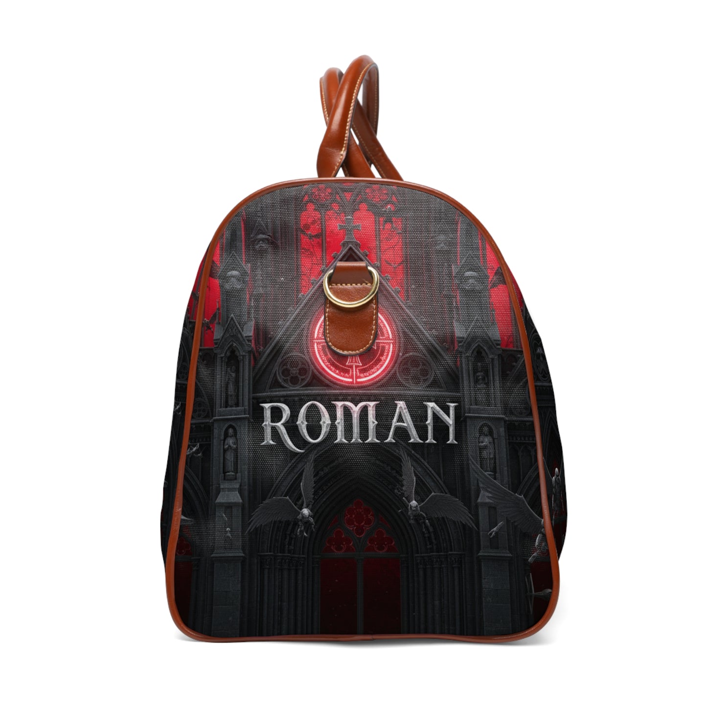 Gothic Waterproof Travel Bag — Personalized 'Roman' Duffel with Dark Cathedral Design