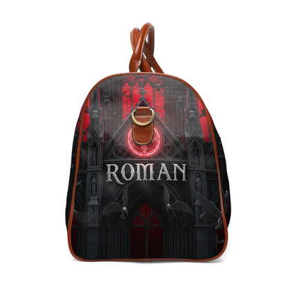 Gothic Waterproof Travel Bag — Personalized 'Roman' Duffel with Dark Cathedral Design
