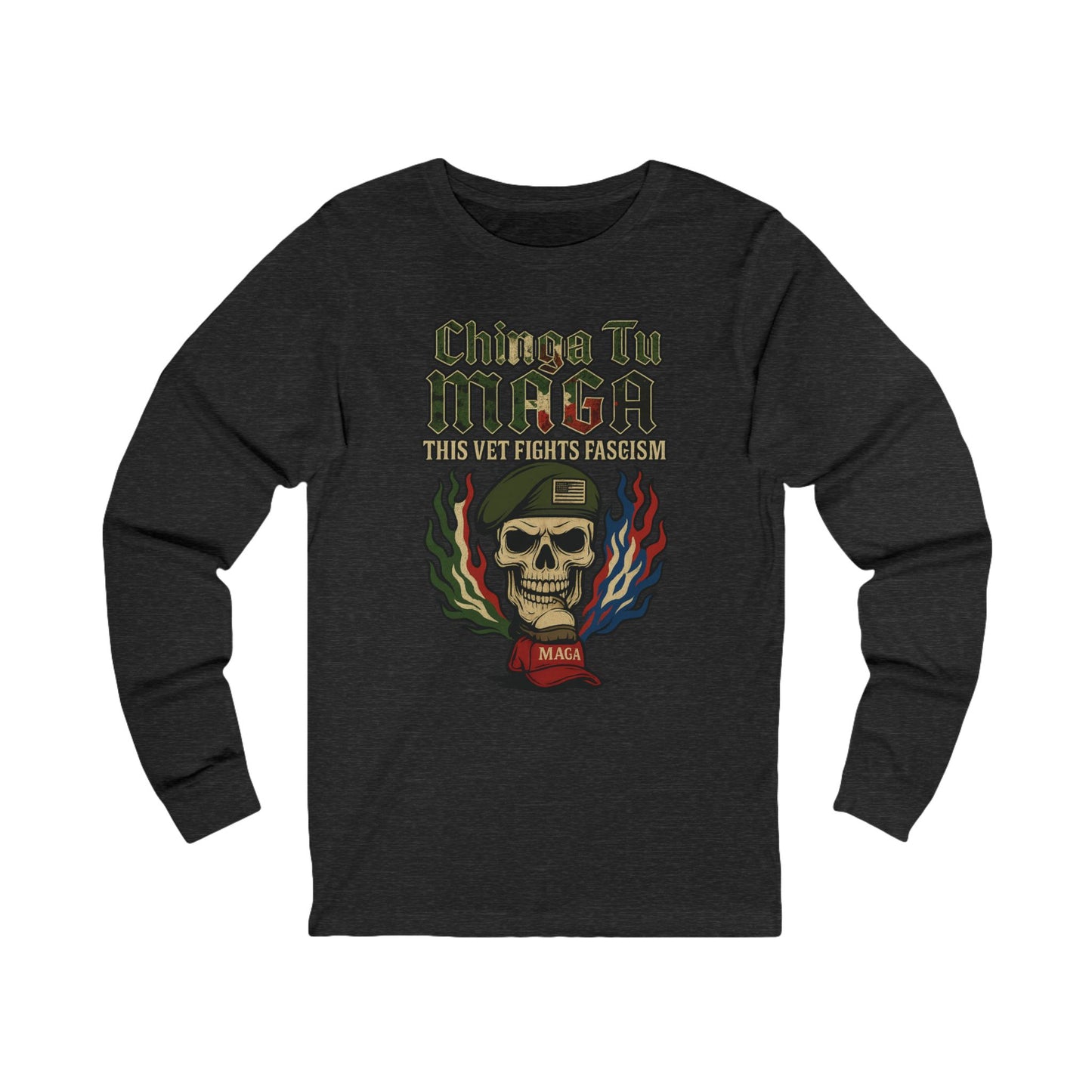Chinga Tu Maga Skull & Flames Graphic Military Vet Tee Long Sleeve Tee