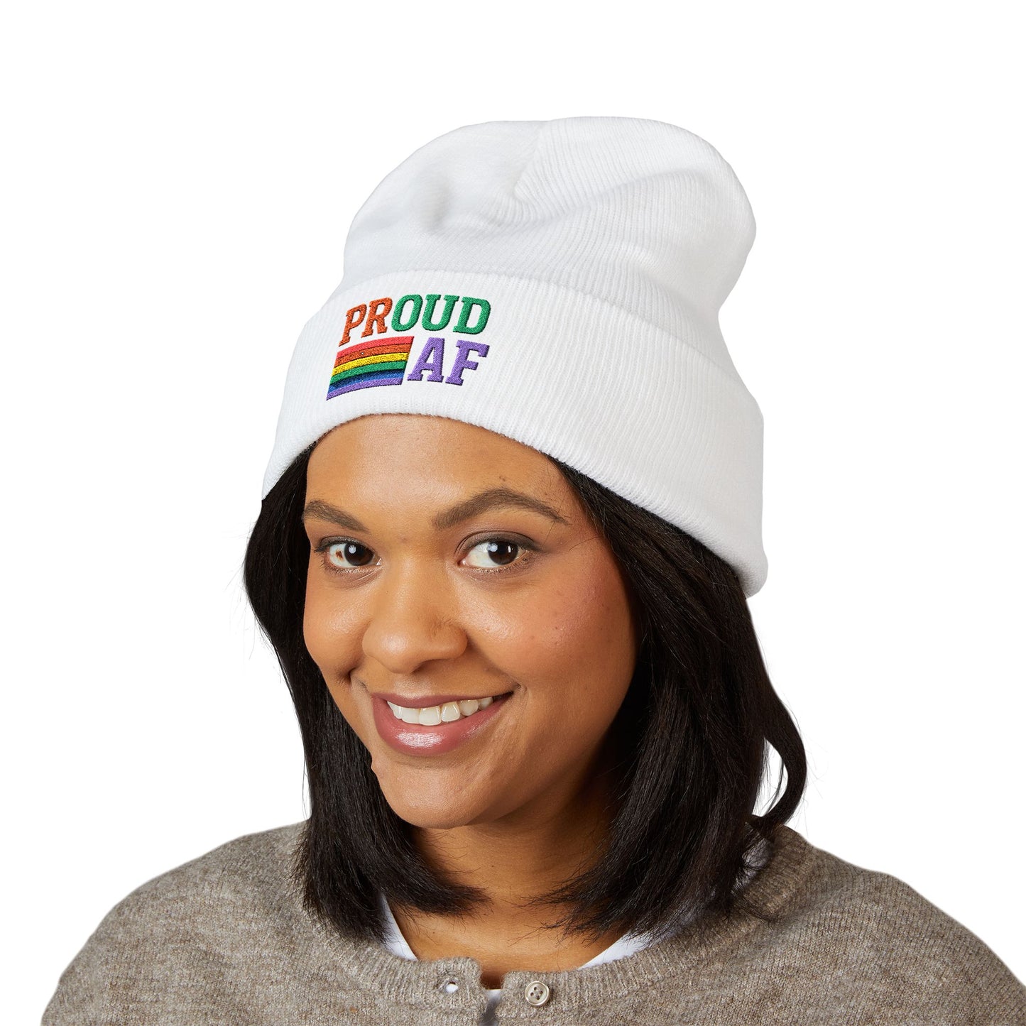 Proud AF Embroidered Beanie — Rainbow Pride Cuffed Hat