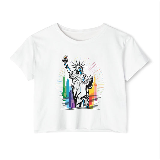 Pride corp top  Women's Festival Crop Top - Statue of Liberty Colorful Design for Summer Celebrations