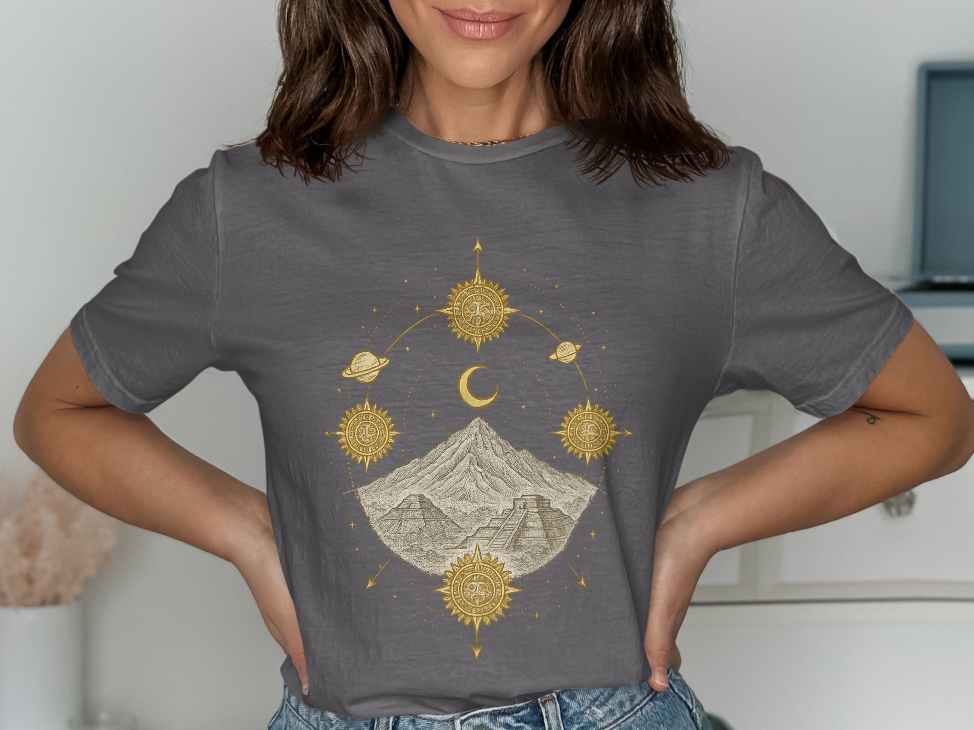 Celestial Mountain and Sun Design on Grey Shirt product