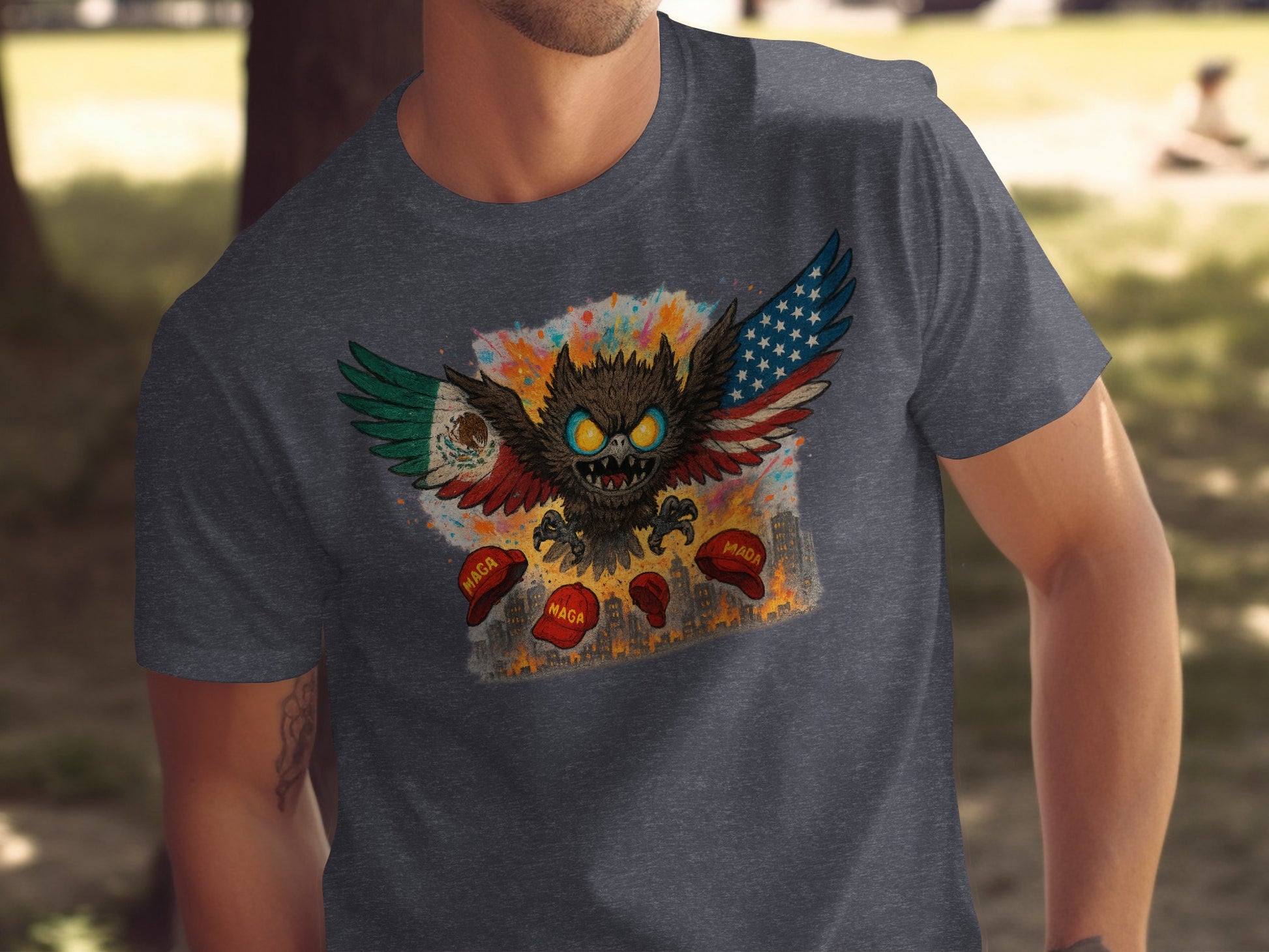Fierce Owl with Flags and Explosions Graphic T-Shirt product type