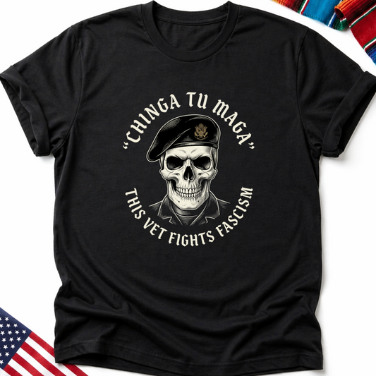 Black t-shirt with skull wearing a beret and "Chinga Tu Maga" text.