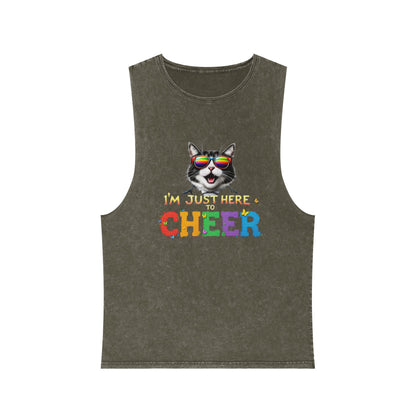 Unisex Stonewash Tank Top - Cheerful Cat Graphic Tee, Summer Fashion, Casual Wear, Gift for Cat Lovers, Fun & Unique Tank