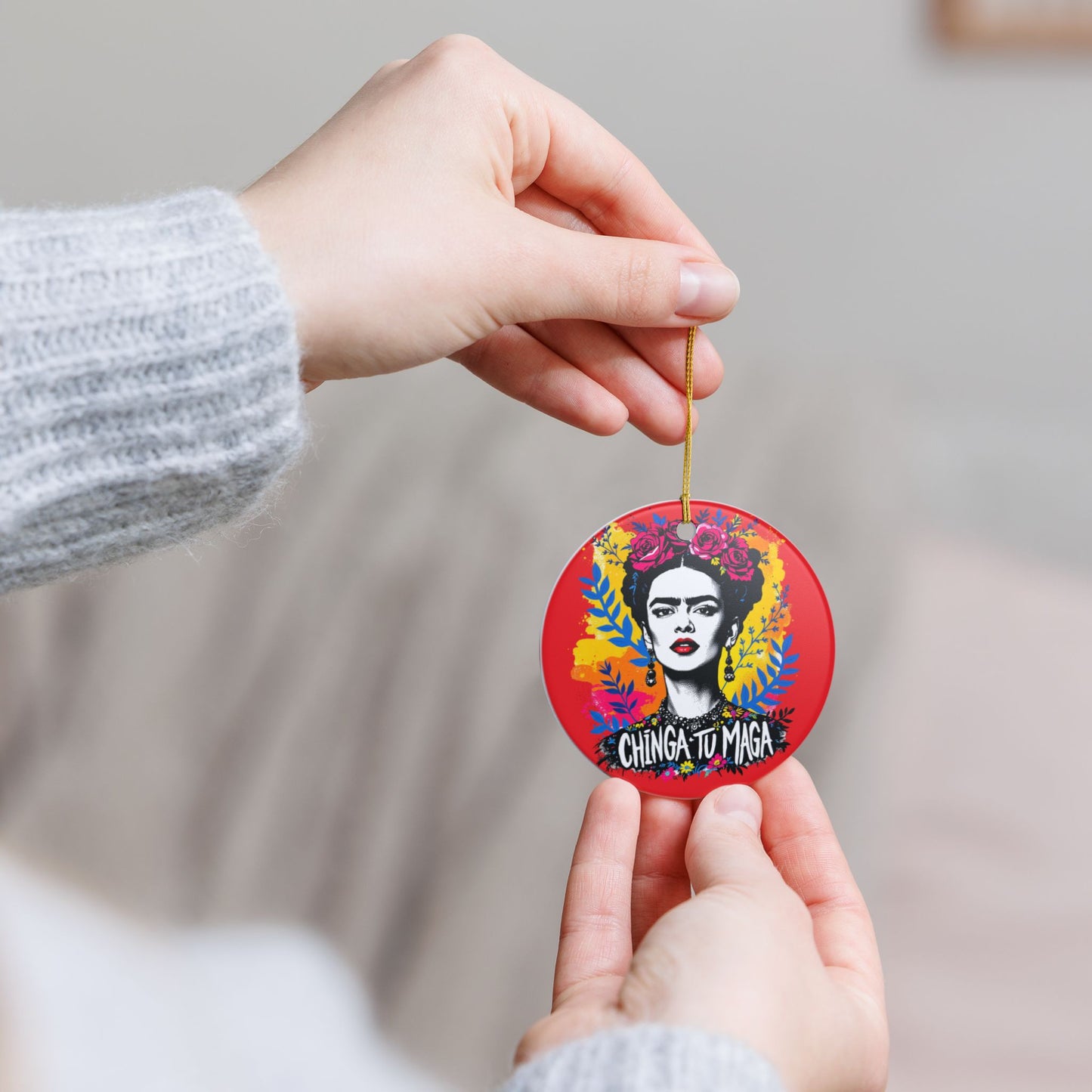 Frida Kahlo Ceramic Ornament — "Chinga Tu Maga" Decorative Holiday Accent