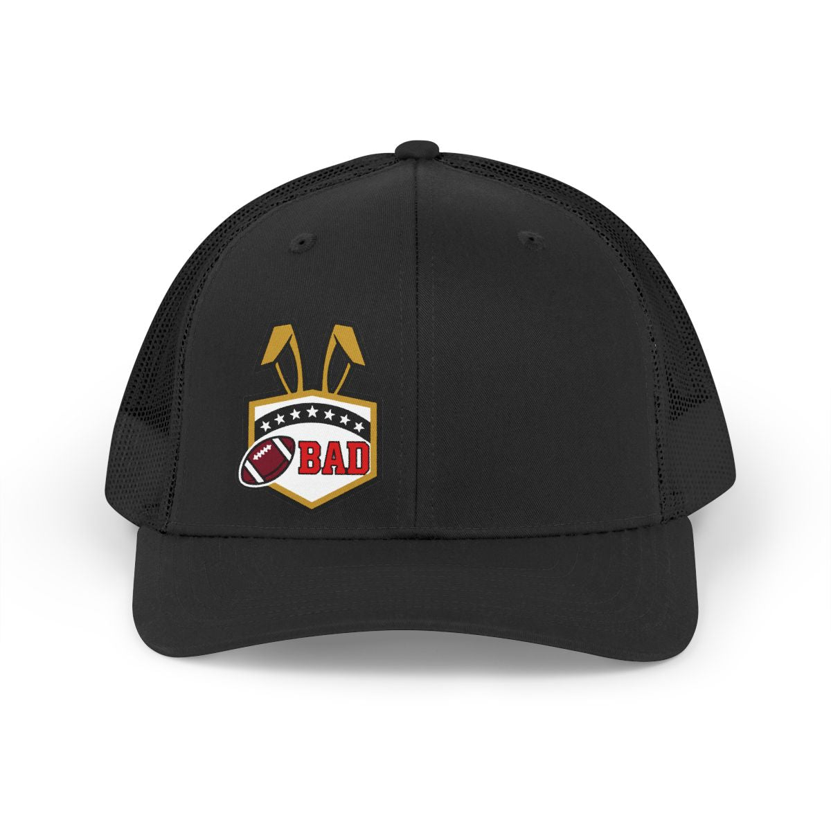 Black Hat with Sports Emblem and Bad Text Hat