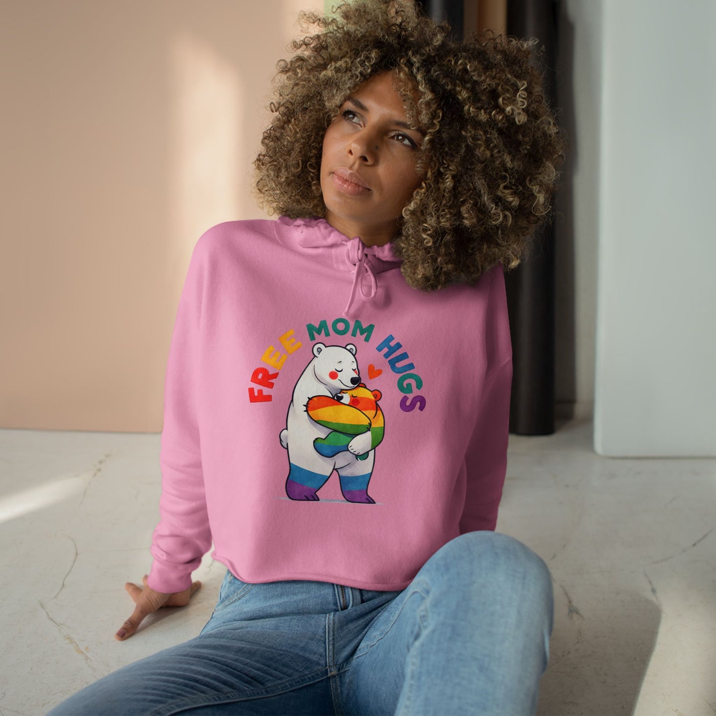 Colorful Bear 'Free Mom Hugs' Crop Hoodie | Fun, Cozy Gift for Moms, Pride, Celebrations, Casual Wear, Trendy Style