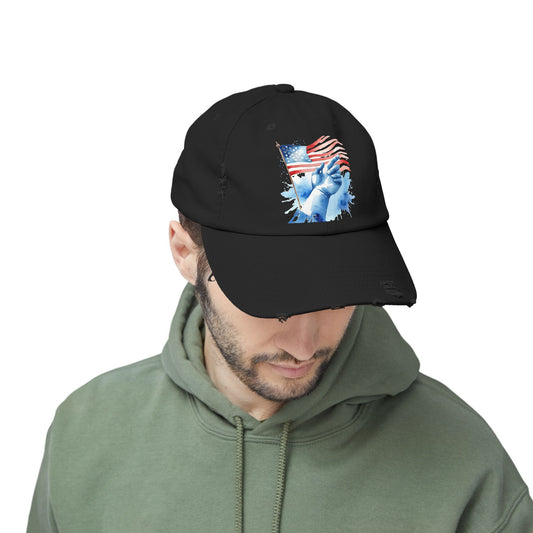 Unisex Distressed Cap with Patriotic Hand Design