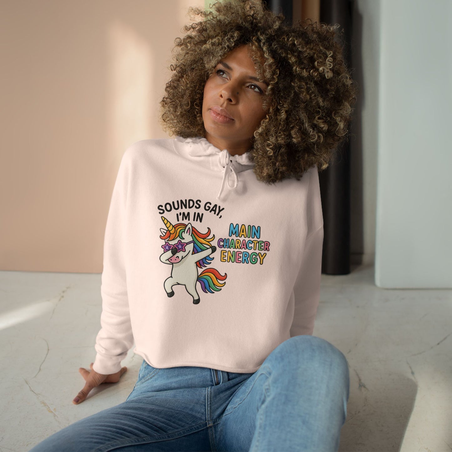 Whimsical Crop Hoodie - "Sounds Gay, I'm in Main Character Energy" Graphic, Fun Daily Wear, Pride Season, Casual Fashion, Personalized Gift