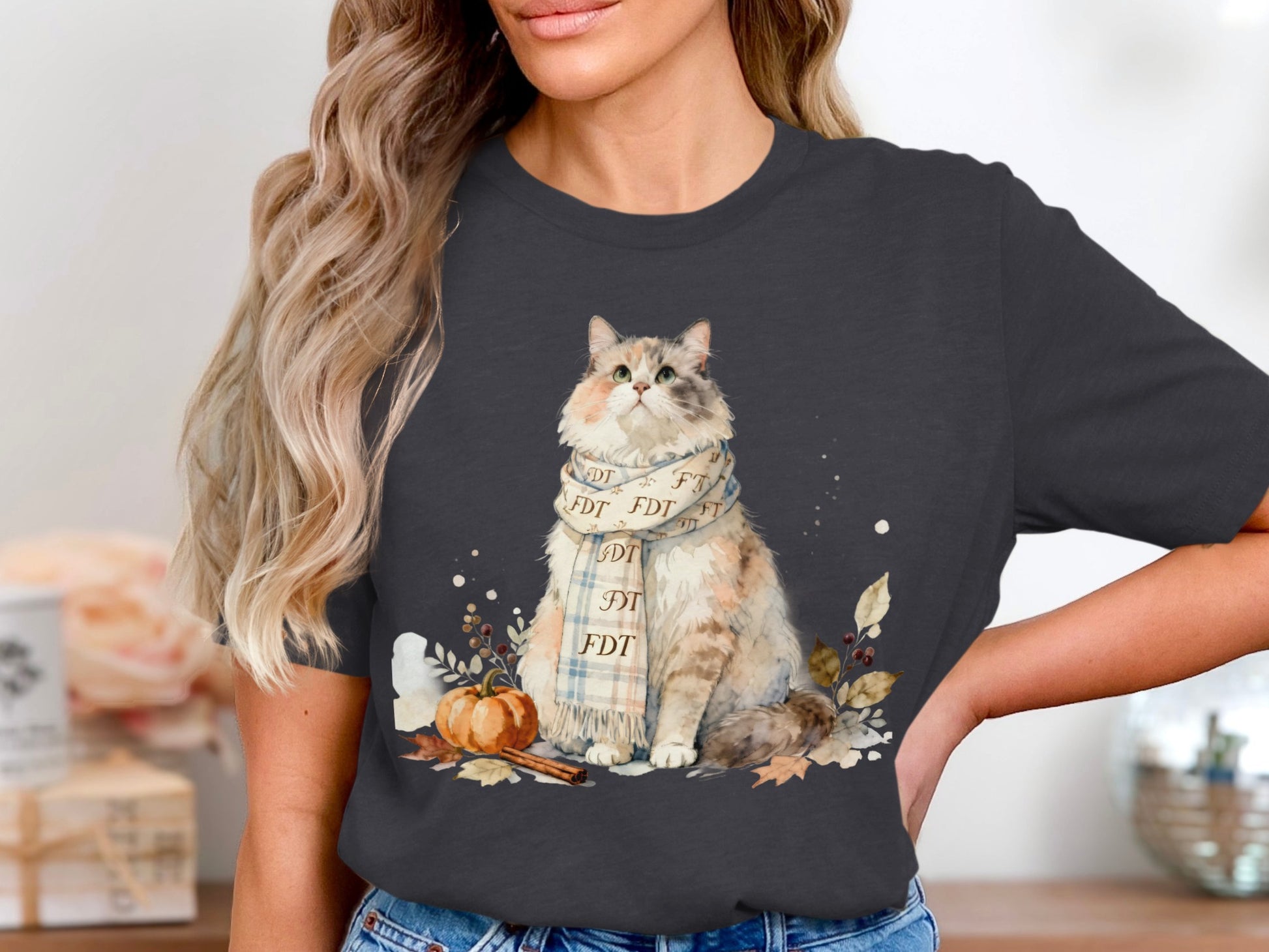 Cozy Autumn Cat Artwork Shirt for Fall Apparel