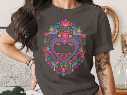 RESIST Heart Birds Floral Colorful Vibrant Design T-shirt