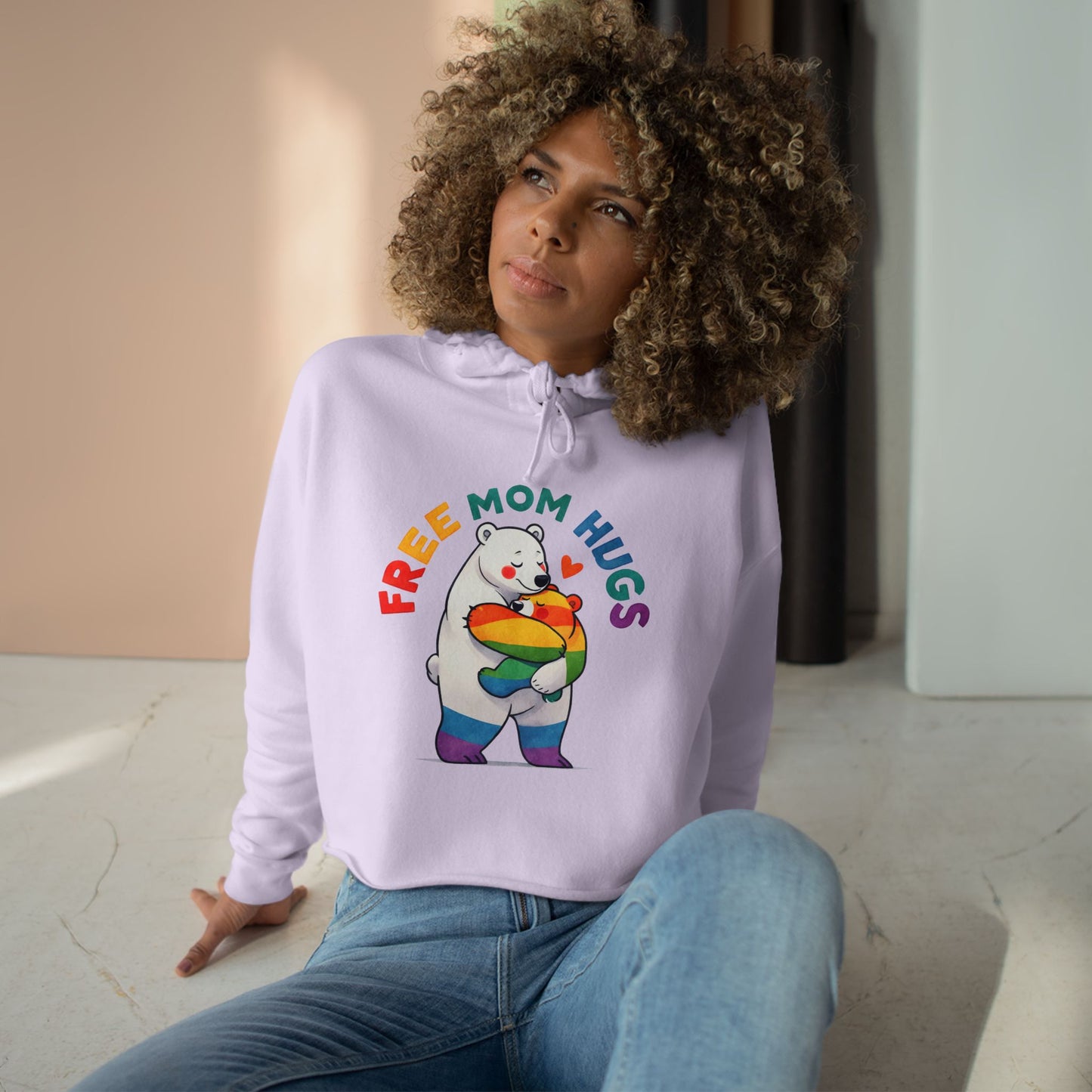 Colorful Bear 'Free Mom Hugs' Crop Hoodie | Fun, Cozy Gift for Moms, Pride, Celebrations, Casual Wear, Trendy Style