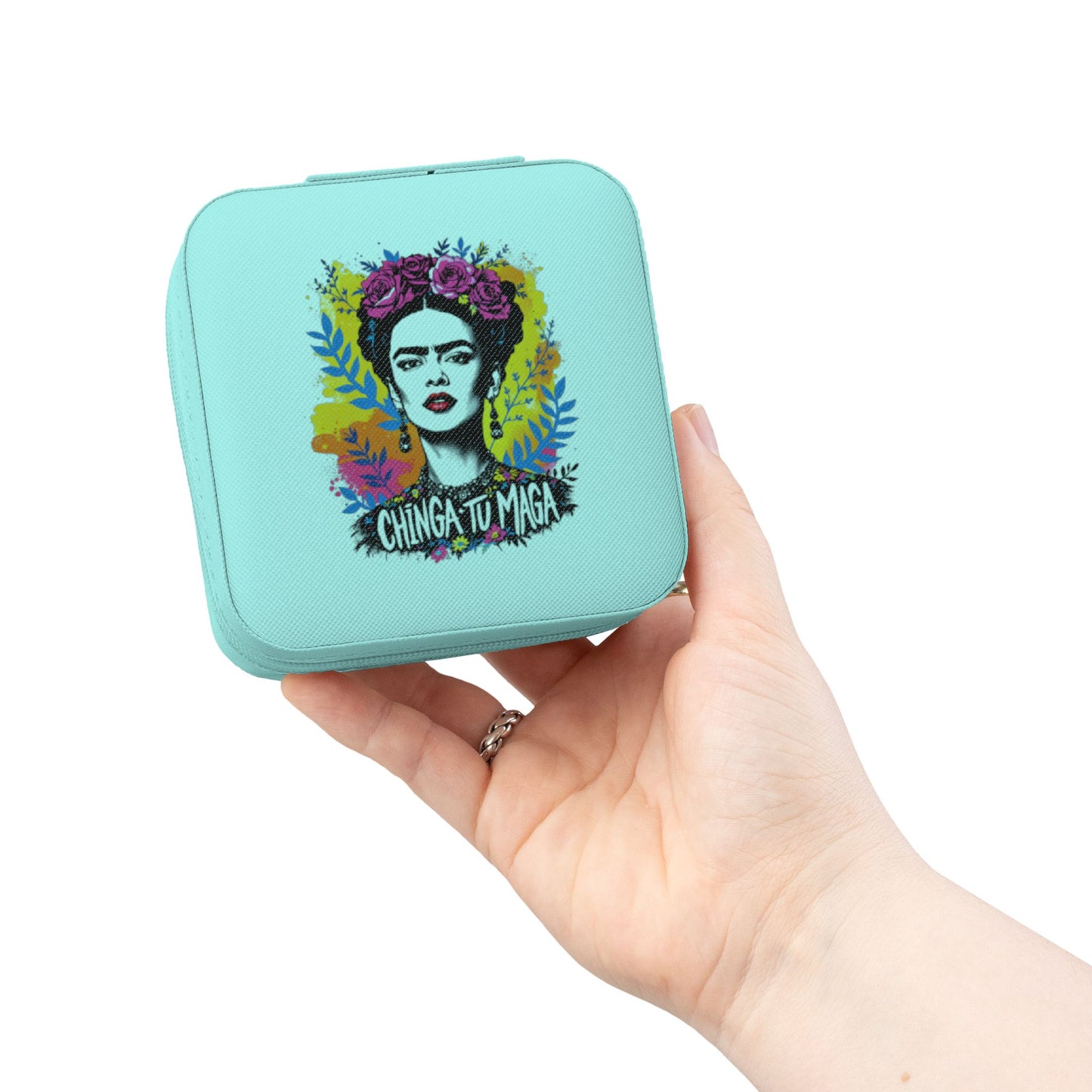 Frida Kahlo Floral Jewelry Travel Case – Compact Pink Organizer with Ring Rolls & Compartments