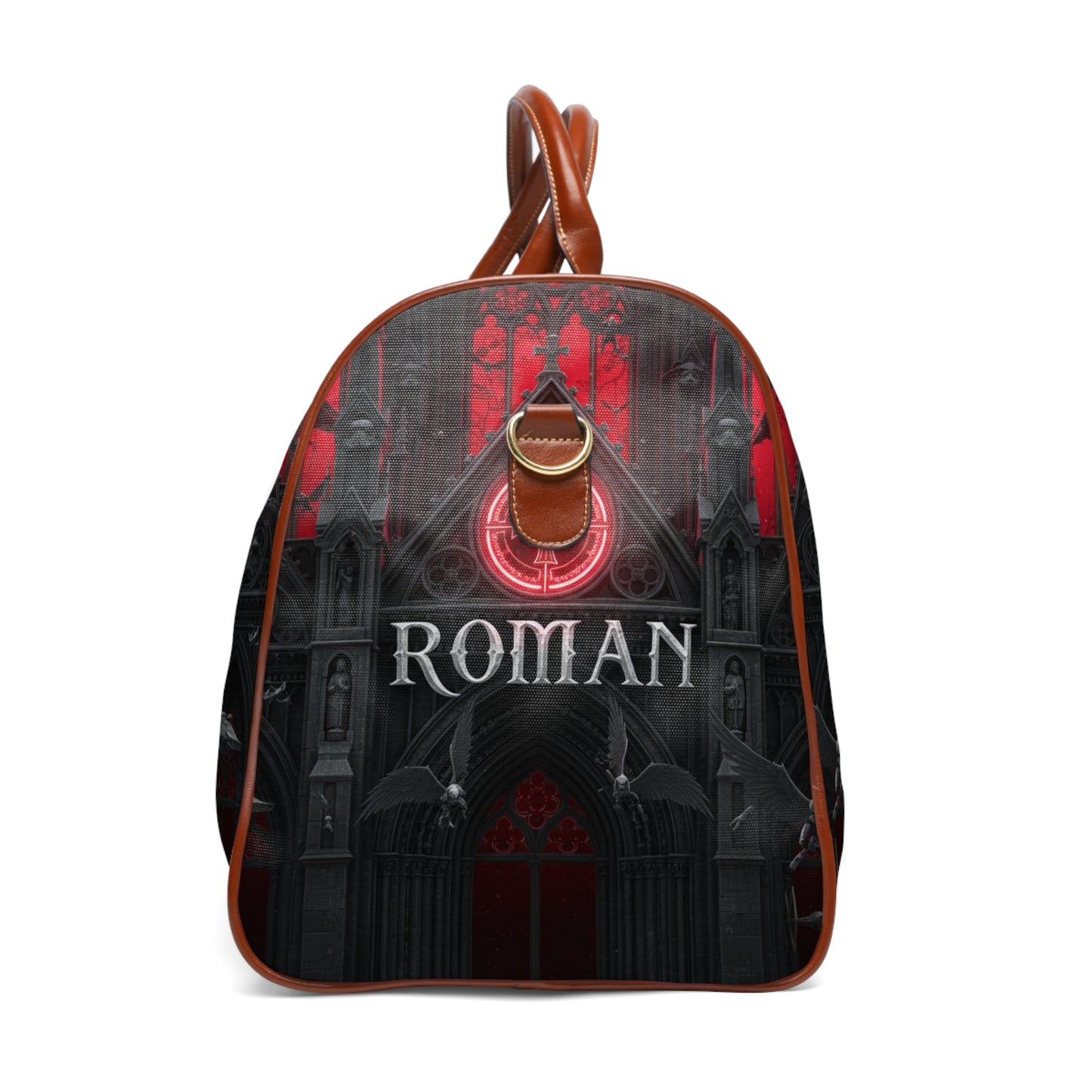 Gothic Waterproof Travel Bag — Personalized 'Roman' Duffel with Dark Cathedral Design