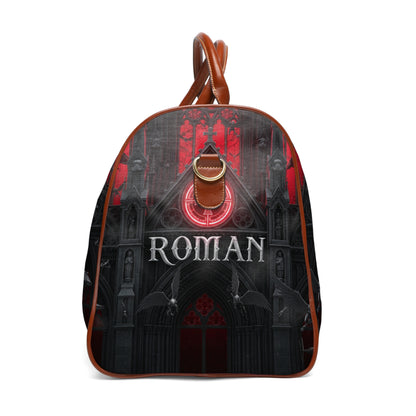 Gothic Waterproof Travel Bag — Personalized 'Roman' Duffel with Dark Cathedral Design