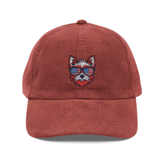 Vintage Corduroy Dog Cap - Embroidered Sunglasses Design