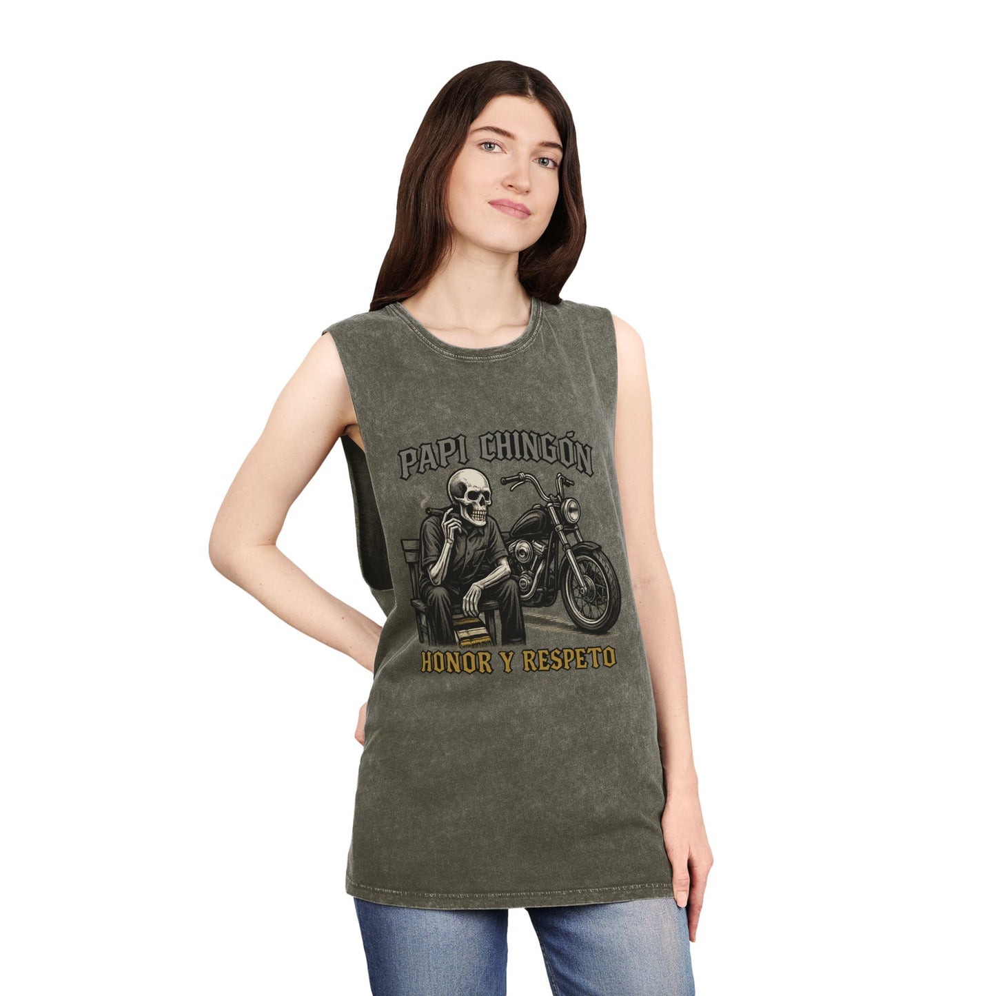 Unisex Stonewash Tank Top - Papi Chingón Skull Design, Casual Summer Wear, Motorcycle Lover Gift, Festival Outfit, Street Style