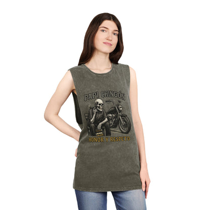Unisex Stonewash Tank Top - Papi Chingón Skull Design, Casual Summer Wear, Motorcycle Lover Gift, Festival Outfit, Street Style