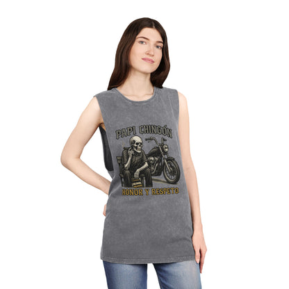 Unisex Stonewash Tank Top - Papi Chingón Skull Design, Casual Summer Wear, Motorcycle Lover Gift, Festival Outfit, Street Style